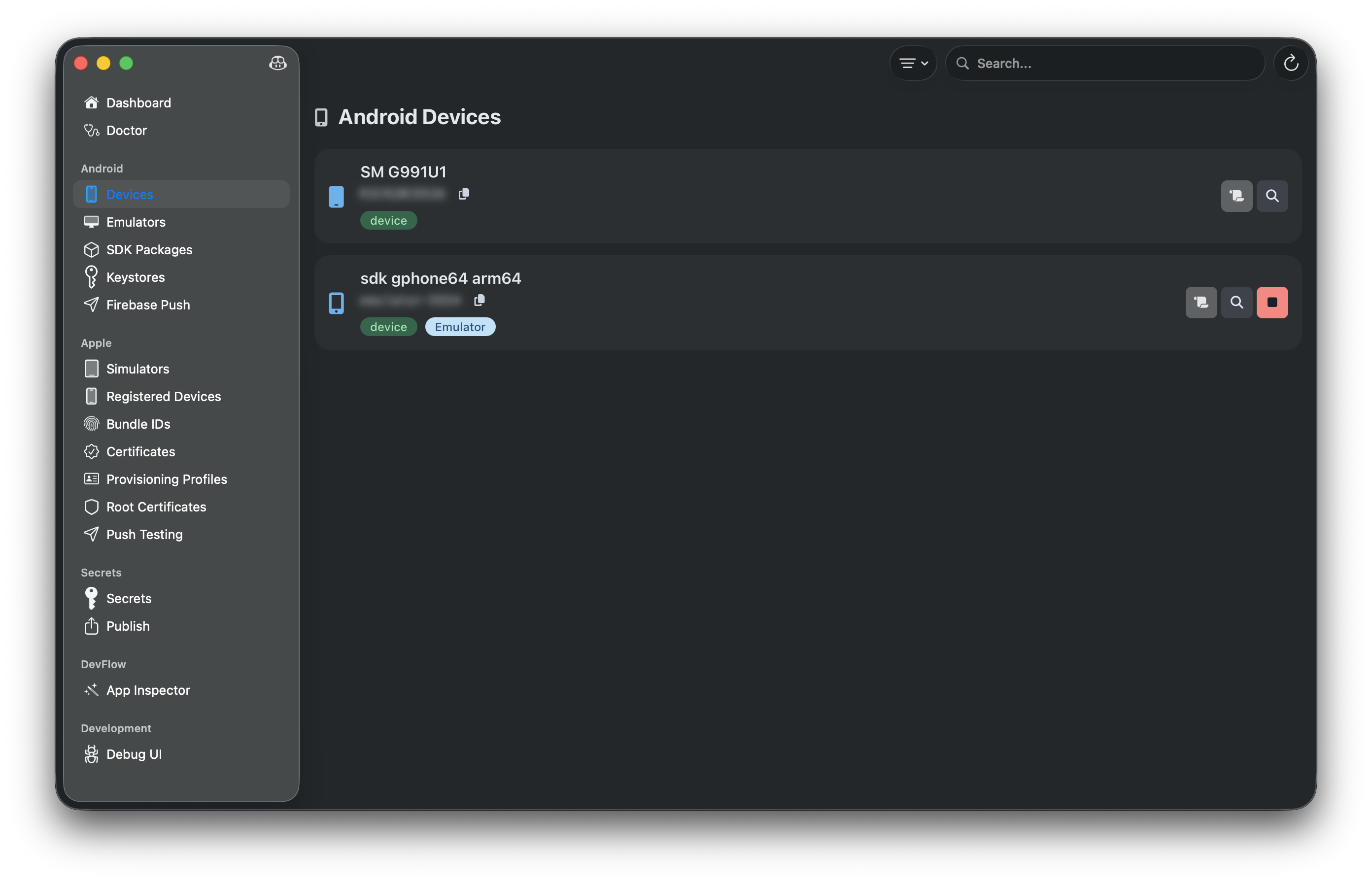 Connected Android physical devices and emulators