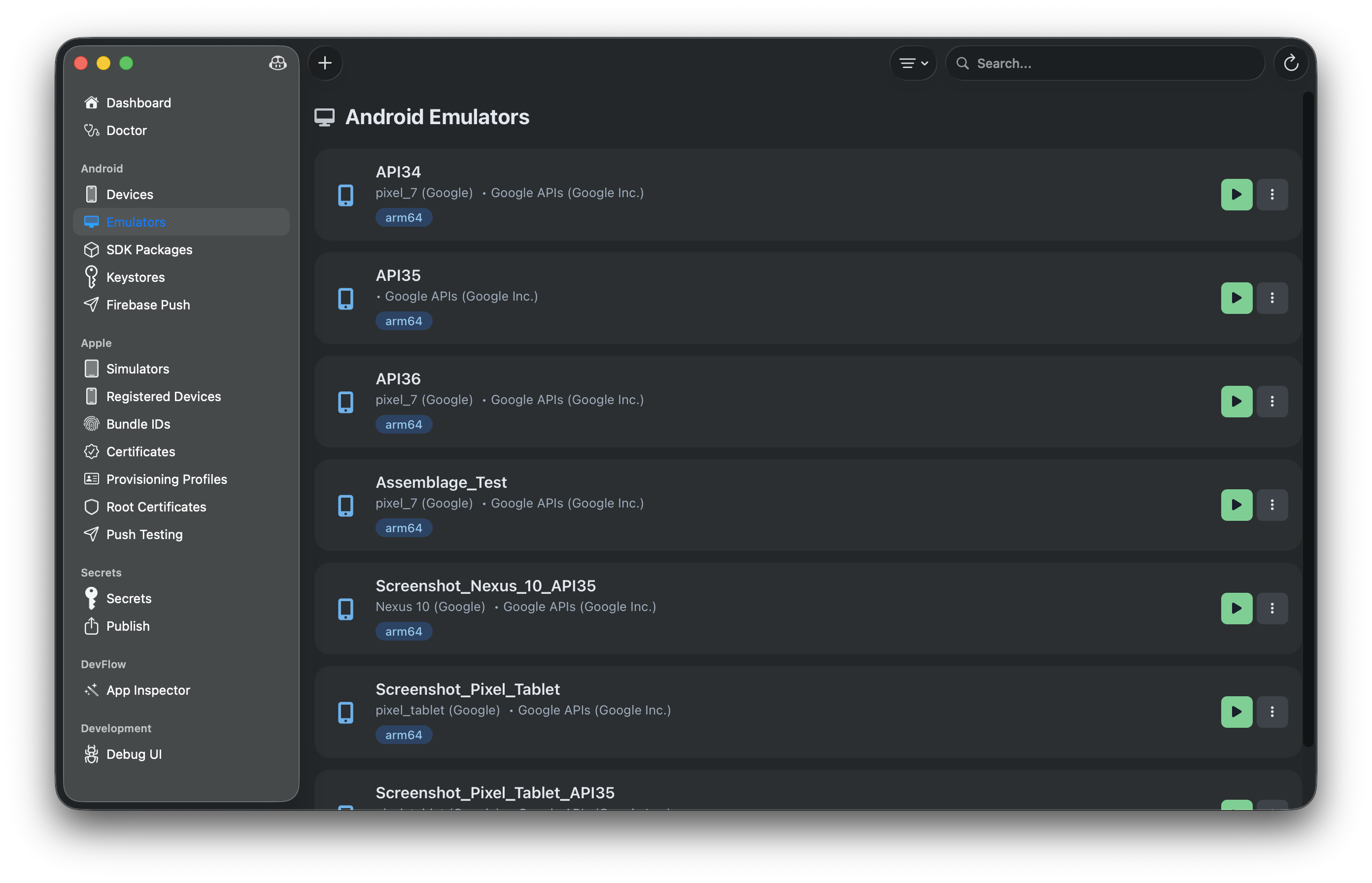 Android emulators with boot and management actions