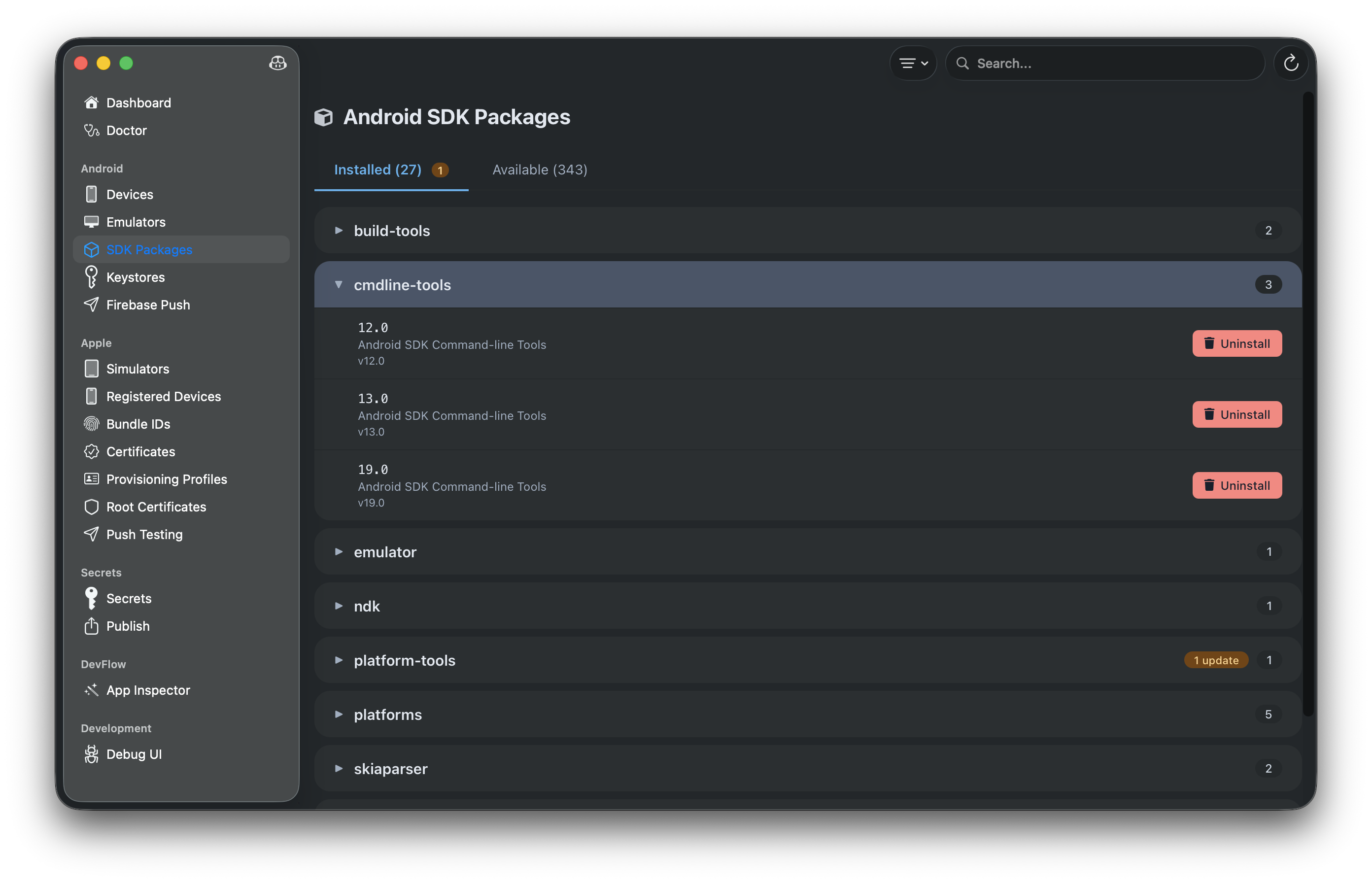 Android SDK packages with installed and available tabs