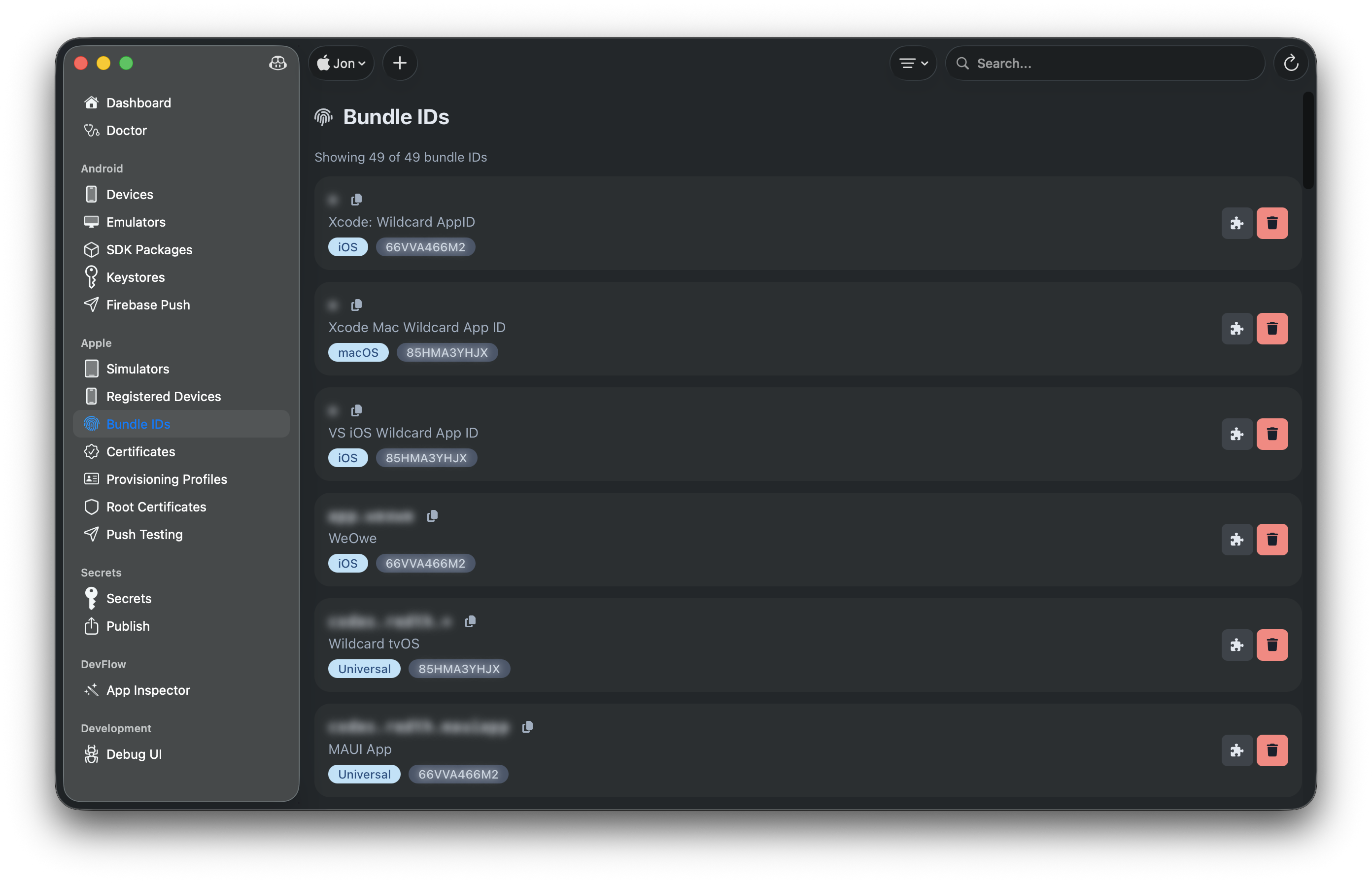 Apple bundle identifiers with platform and team badges