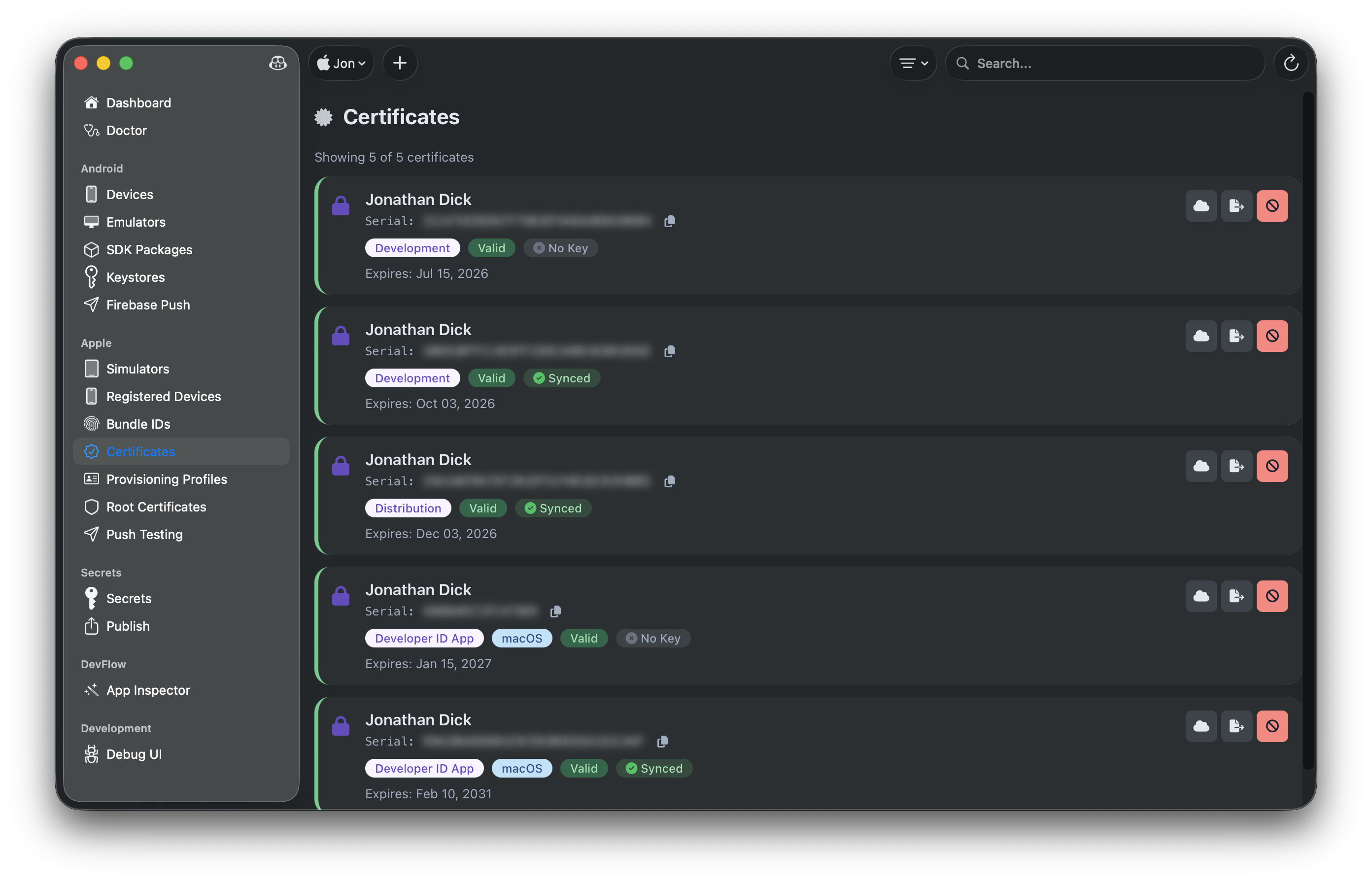Apple signing certificates list