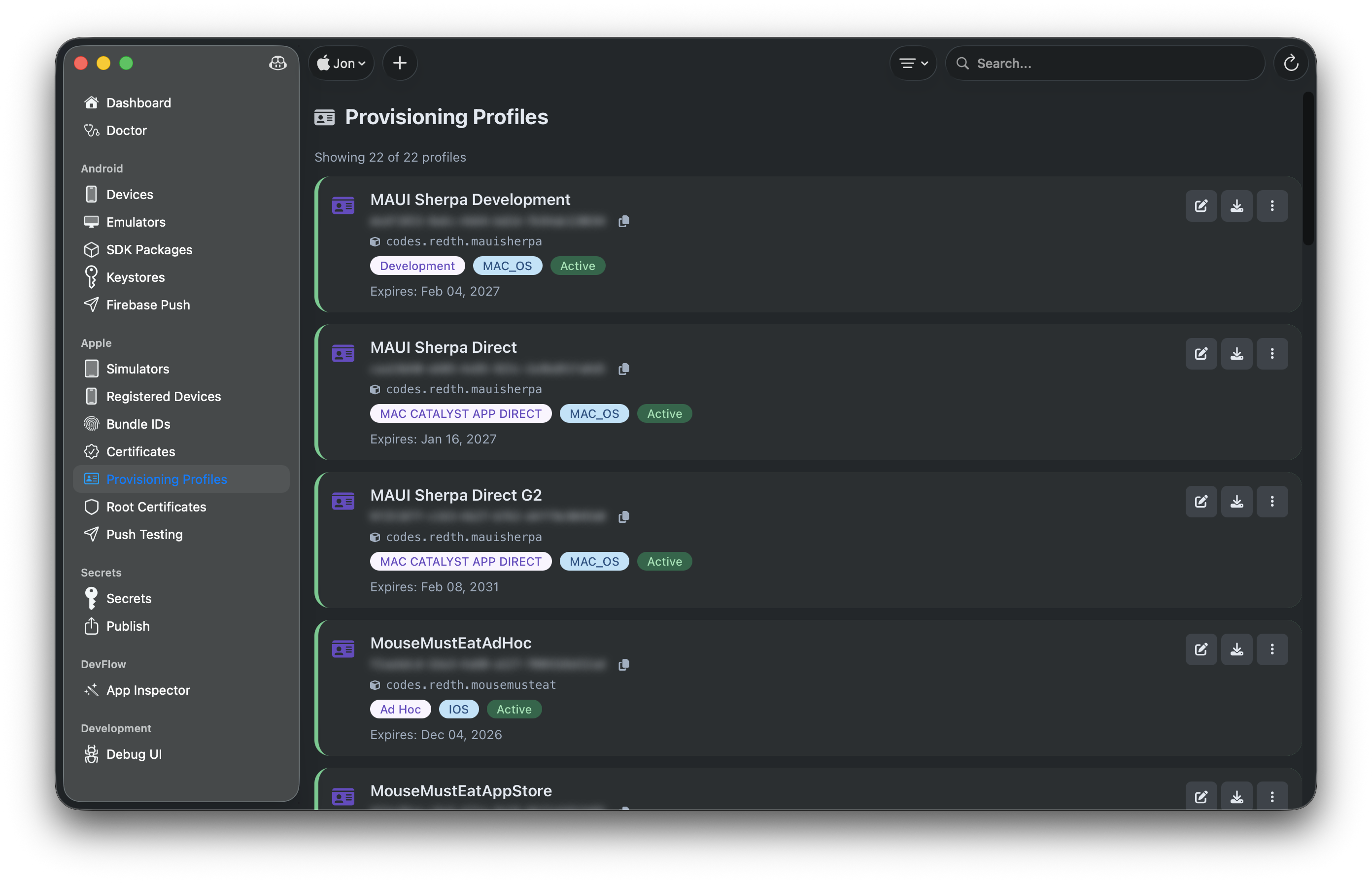 Apple provisioning profiles list