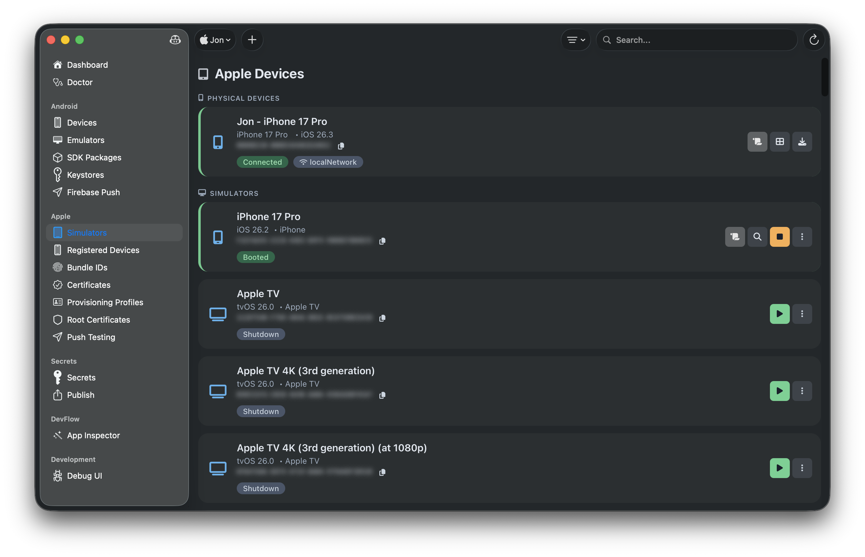 Apple simulators and physical devices with status indicators