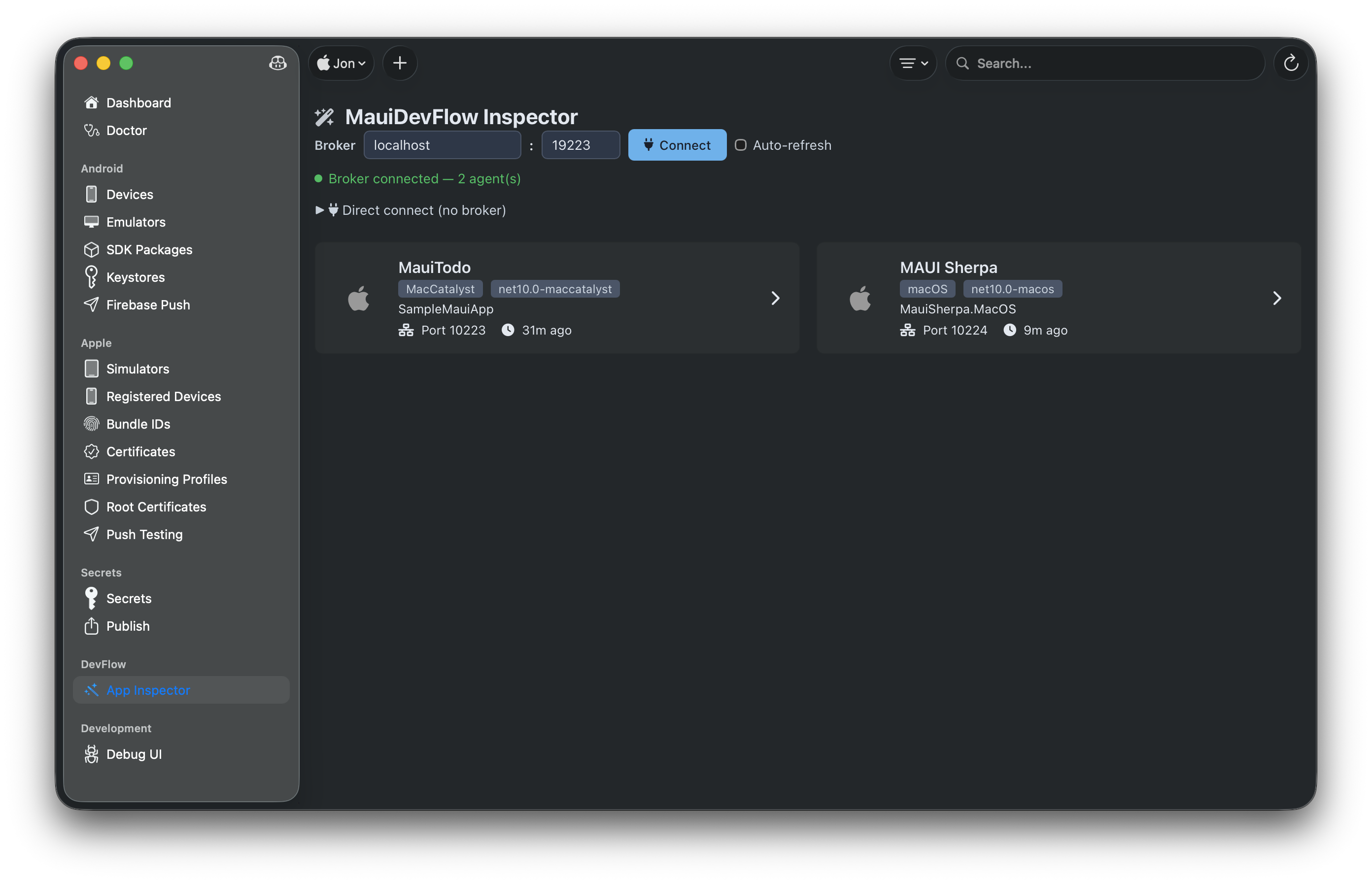DevFlow connected agents showing running MAUI apps