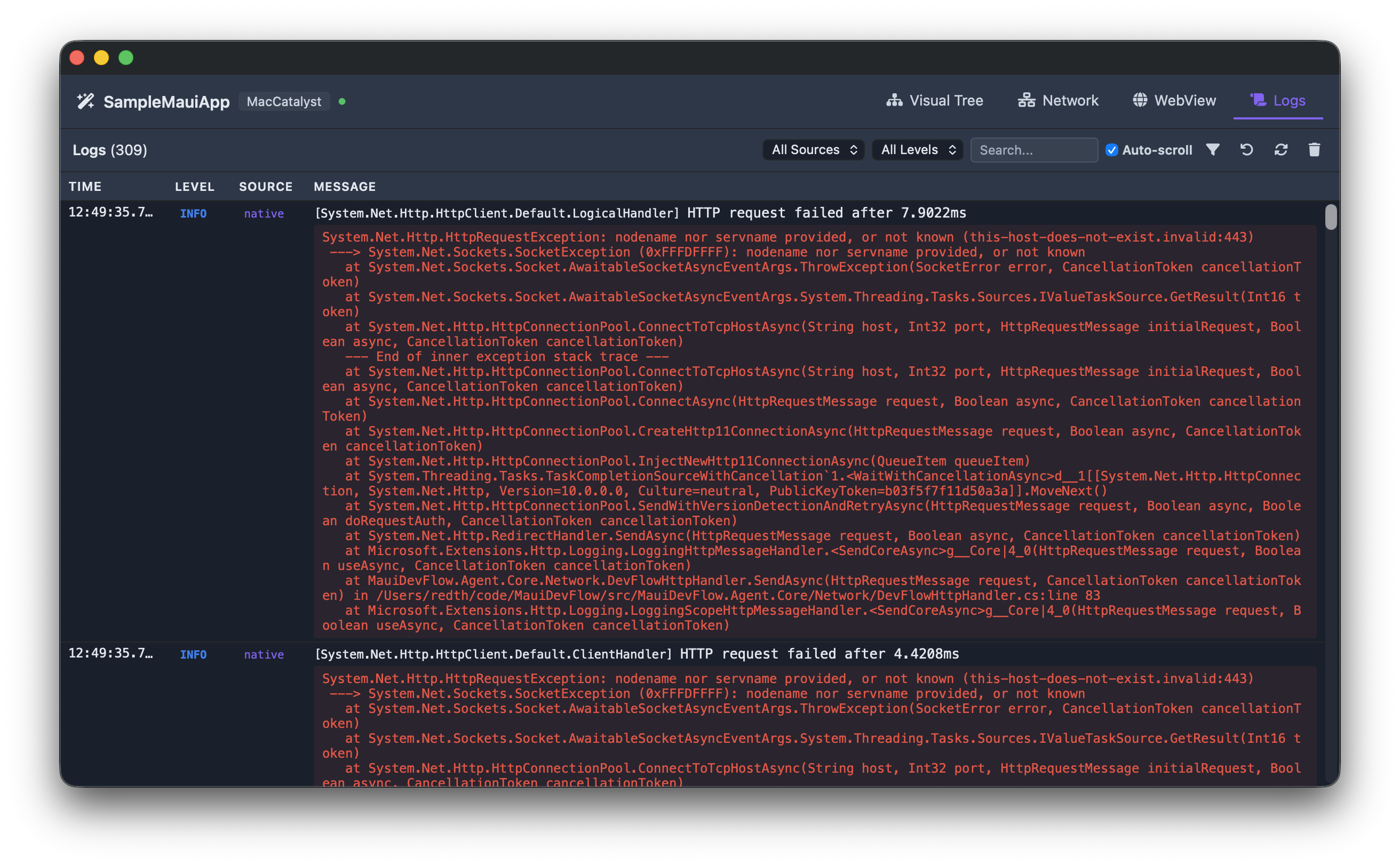 DevFlow application logs with level filtering and stack traces