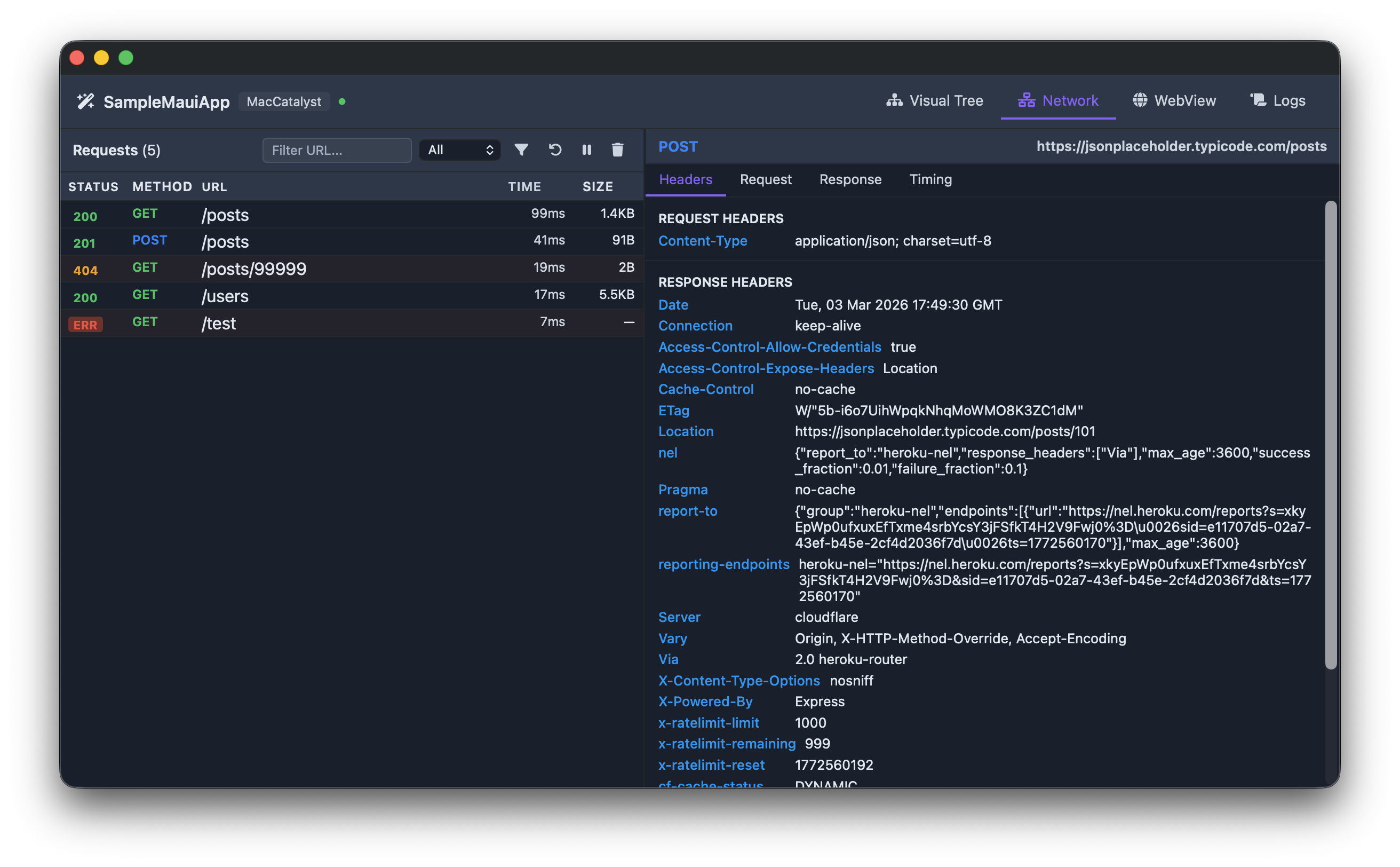 DevFlow network inspector showing captured HTTP requests and response details