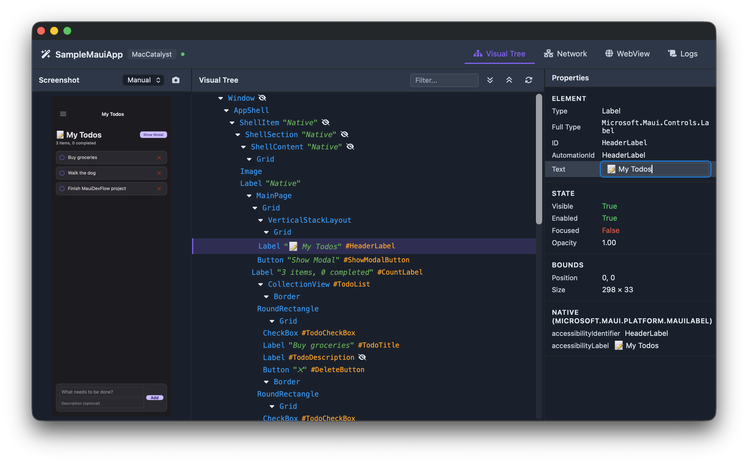 DevFlow visual tree inspector with element hierarchy and live screenshot