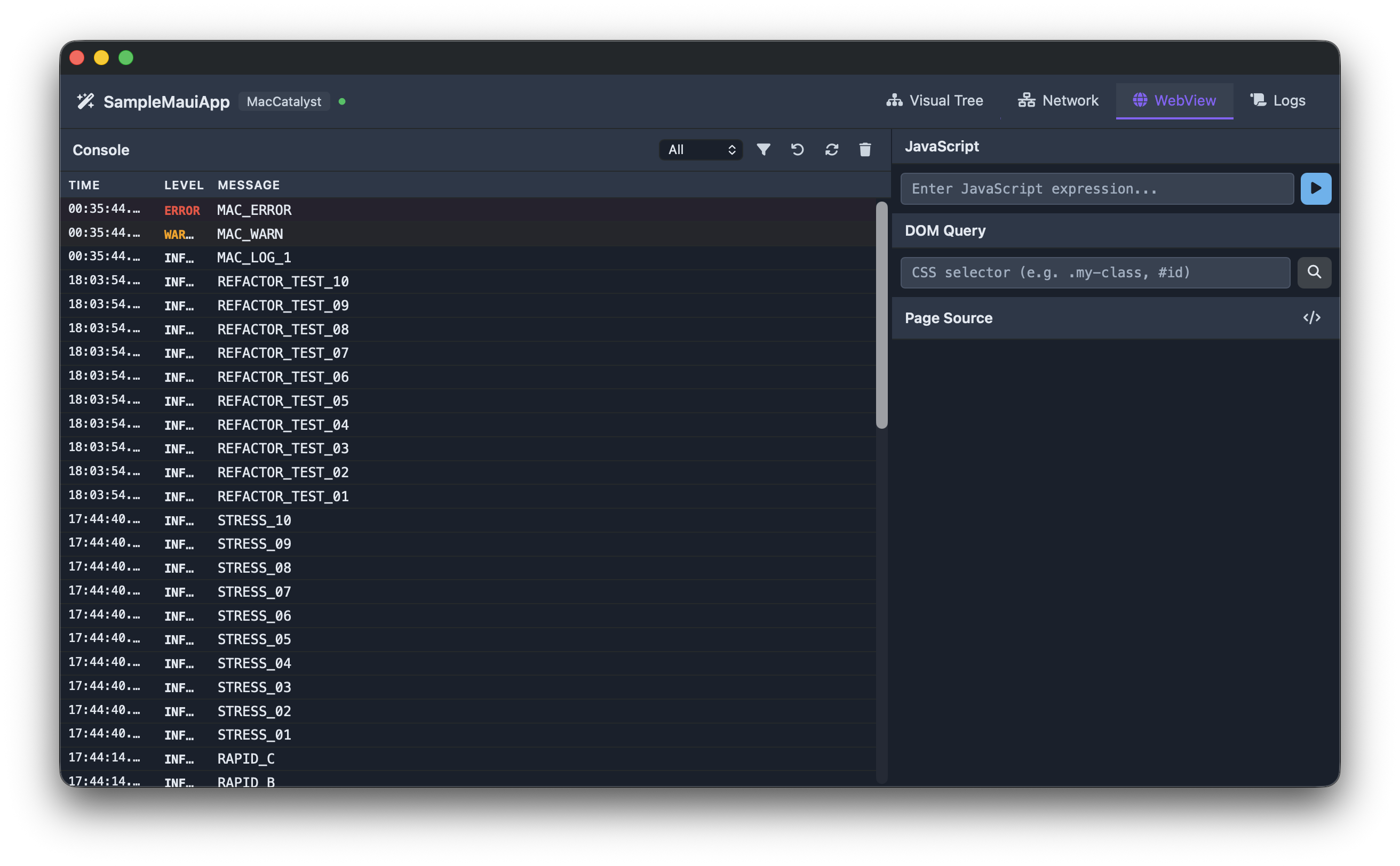 DevFlow WebView inspector showing Blazor DOM content