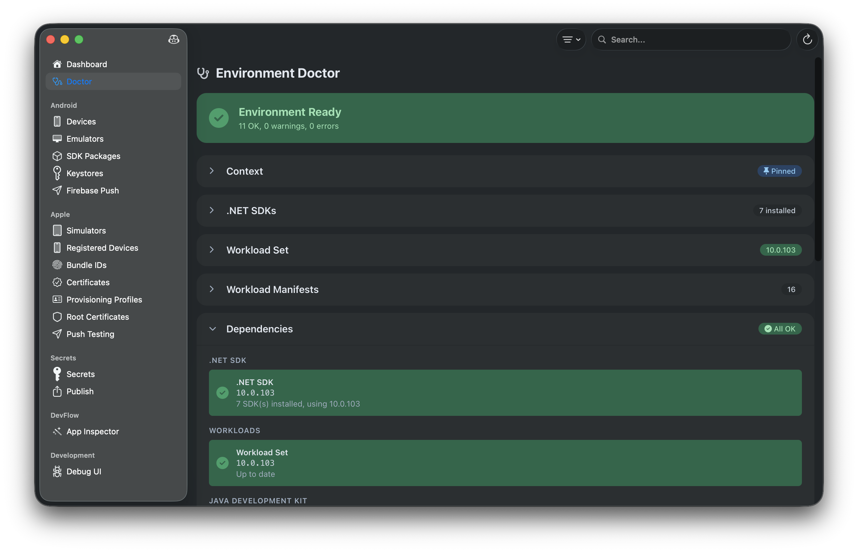 MAUI Doctor dependency check results