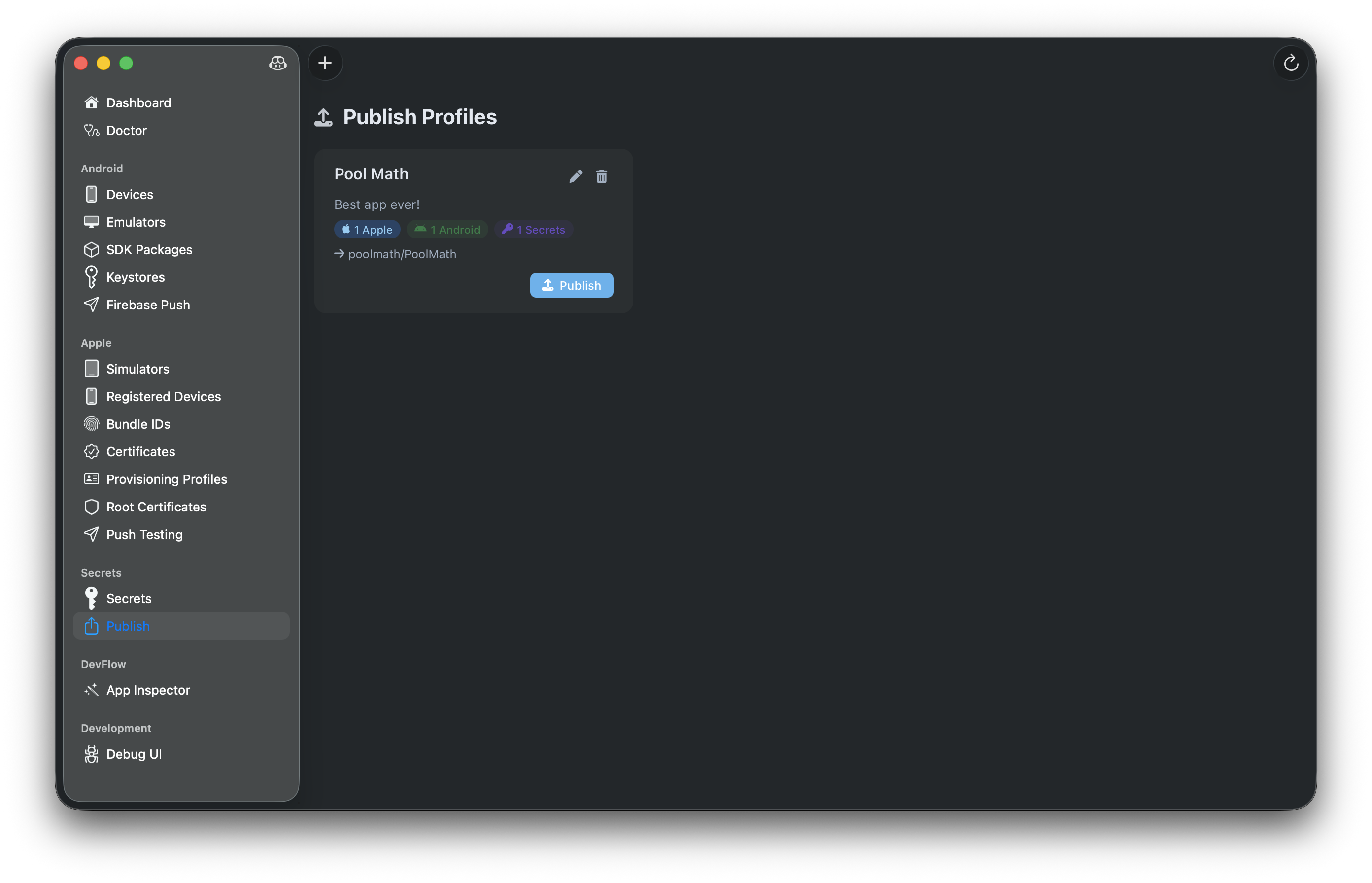 Publish profiles with destination and status badges